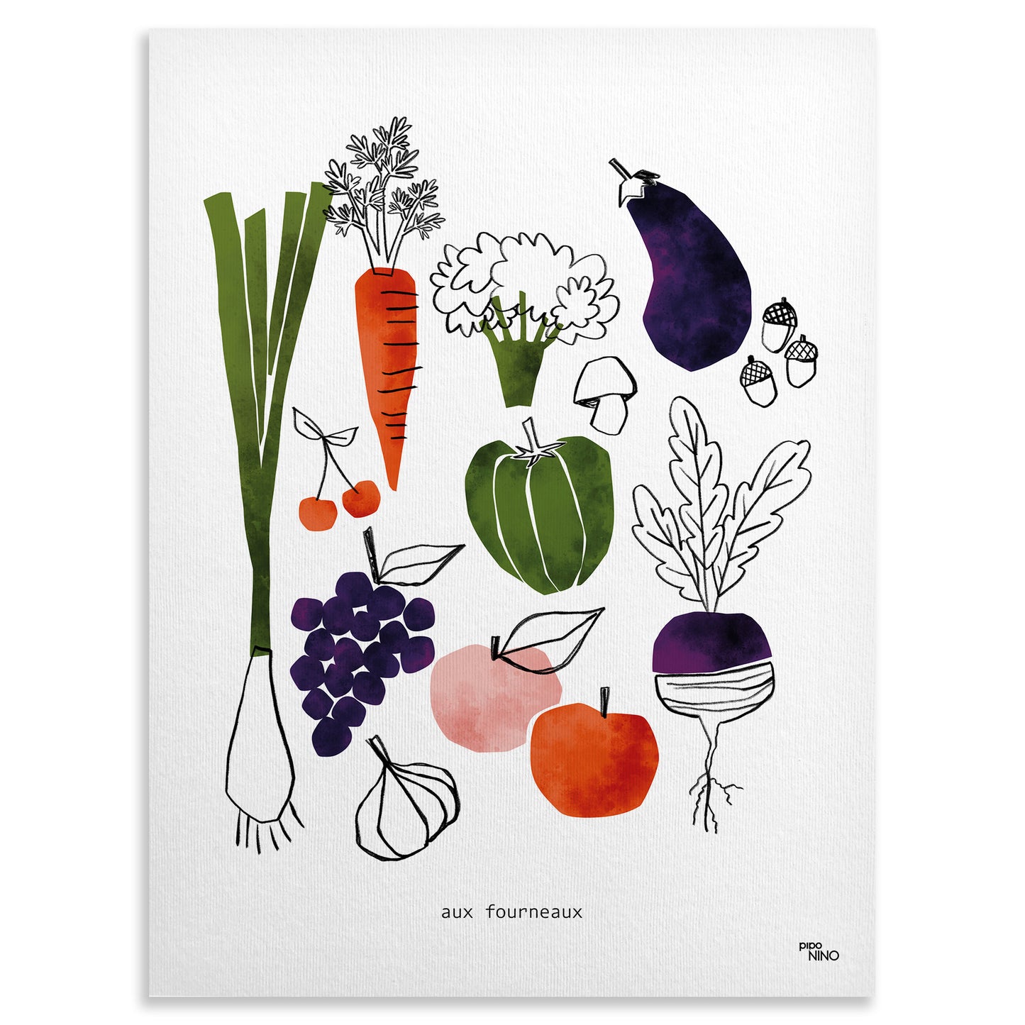 Affiche cuisine -FRUITS & LEGUMES verts oranges et violets