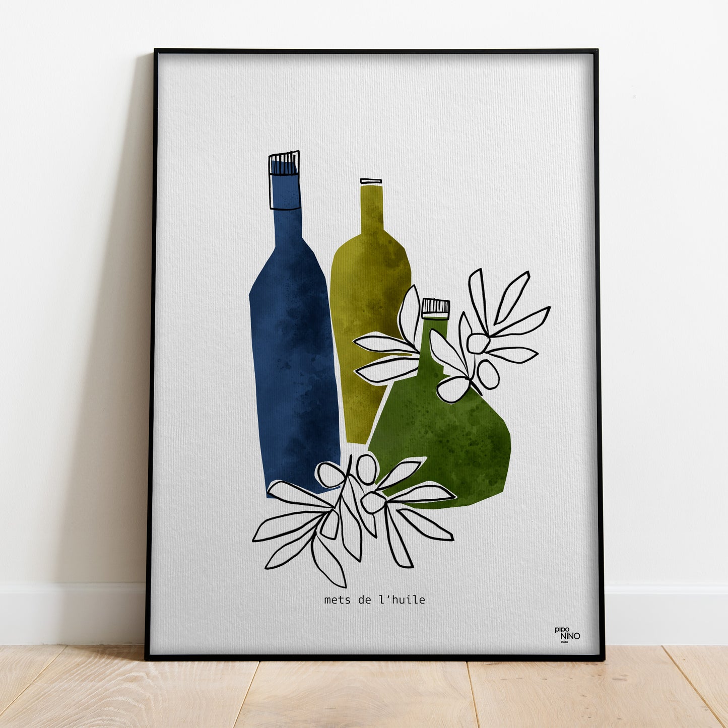 Affiche cuisine HUILE D'OLIVE bleue et verte
