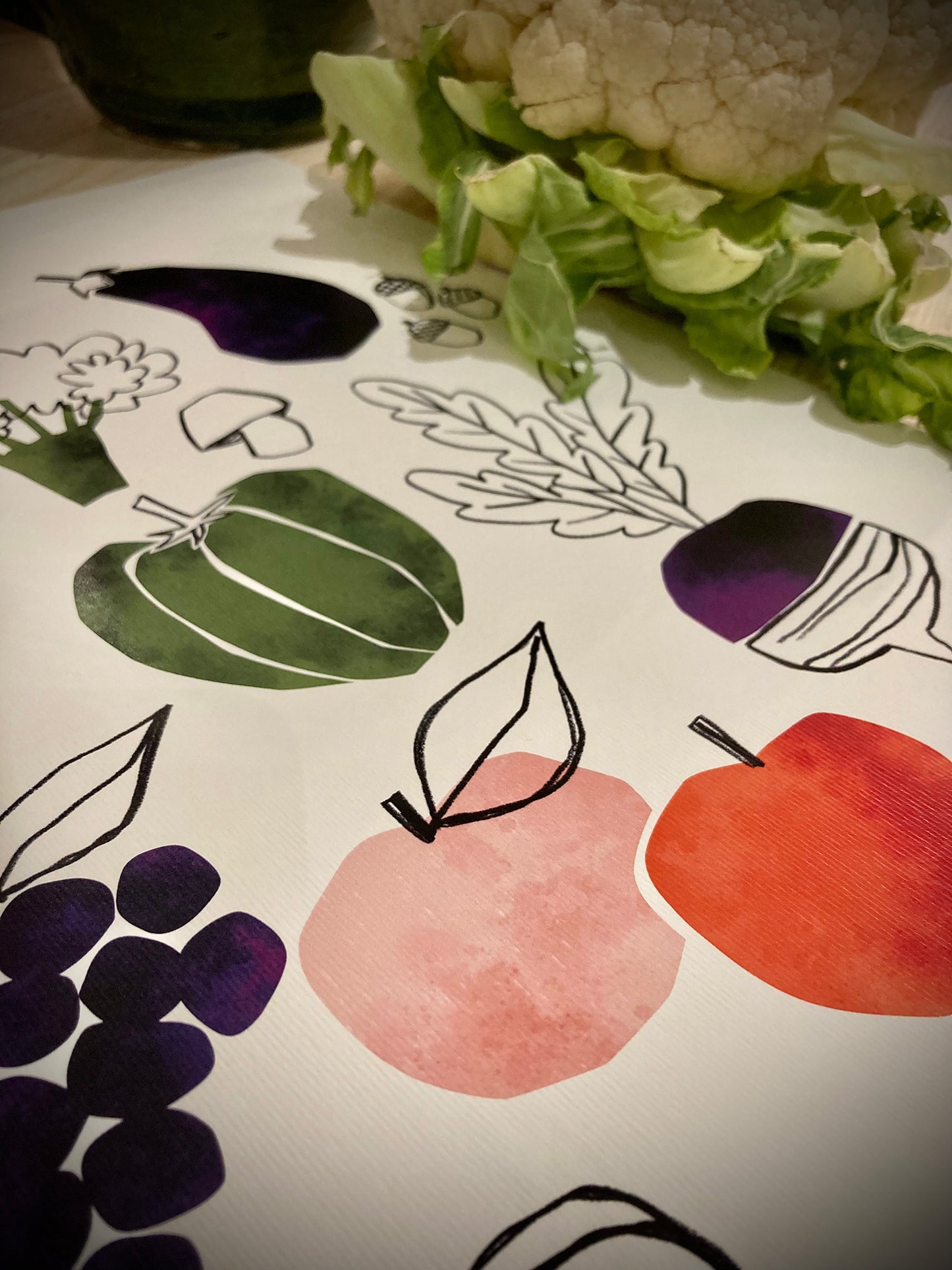 Affiche cuisine -FRUITS & LEGUMES verts oranges et violets